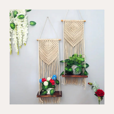 Homesake Macrame Wall Hanging Shelf Woven Home Decor Pine Wood