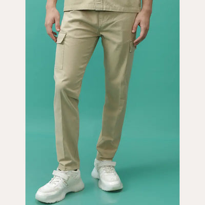 Men Regular Fit Khaki Pure Cotton Trousers