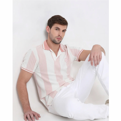 Peach Textured Stripe Slim Fit Polo T-Shirt